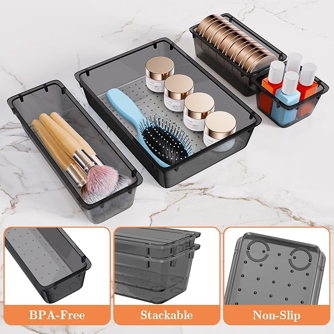 SpaceHacks 25 PCS Plastic Drawer Organizer Set, 4-Size Versatile Organizer Tool Trays & storage Bins for Makeup, Jewelry, and Gadgets in Bathroom, Bedroom and Office,Clear Black - Image 3