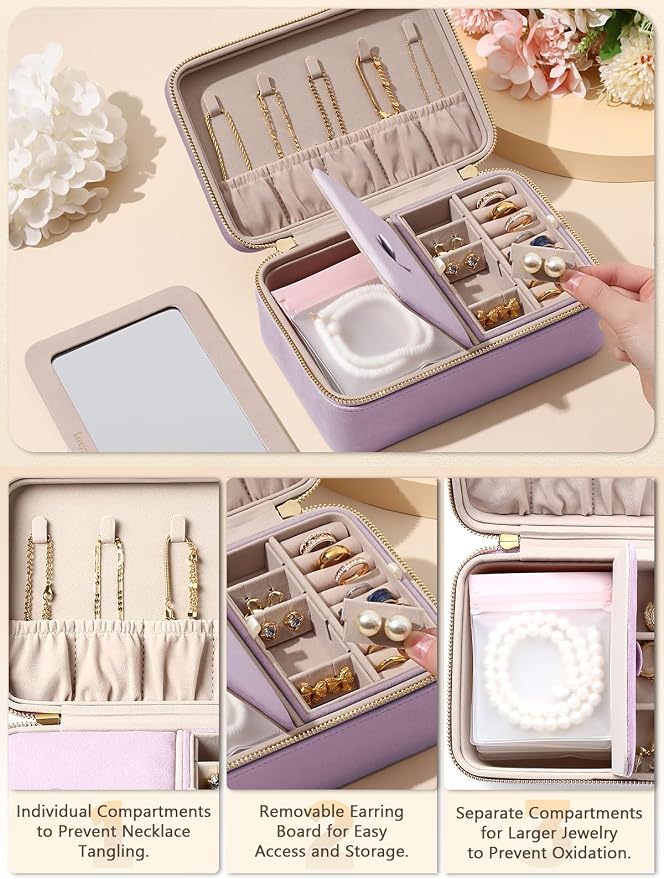 Velvet Travel Jewelry Box with Large Mirror, Double-Layer Jewelry Organizer Case for Women and Girls, Portable Storage Case with 6 Anti-Tarnish Bags Gift Ready for Her (Lavender) - Image 3