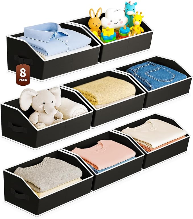 Homsorout Large Closet Organizers and Storage Bins - 8 Pack Trapezoid Storage Baskets for Shelves, Foldable Fabric Baskets with Handles Ideal for Closet, Basket, Wardrobe and Shelf Storage, Black by Homsorout
