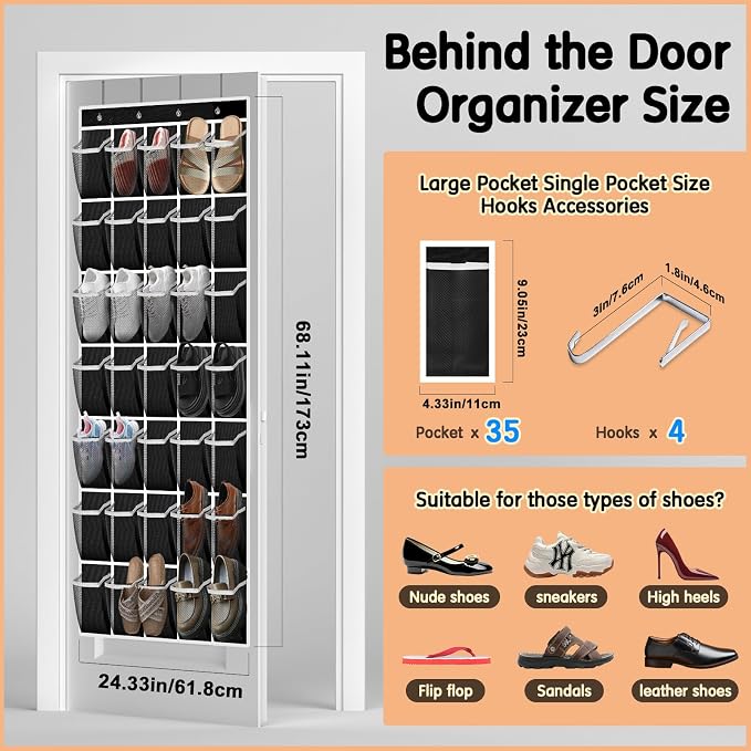Kotkn 35 Compartment Over The Door Storage - Breathable Mesh Hanging Organizer with Large Pockets, Space Saving Design for Men & Women's Footwear, Closet, Bedroom- Black (Black, 35-Pocket) - Image 3