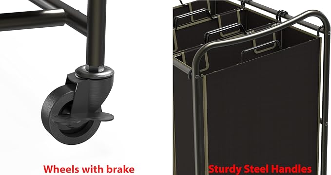 Simple Houseware Heavy Duty 3-Bag Laundry Sorter Rolling Cart, Bronze - Image 4