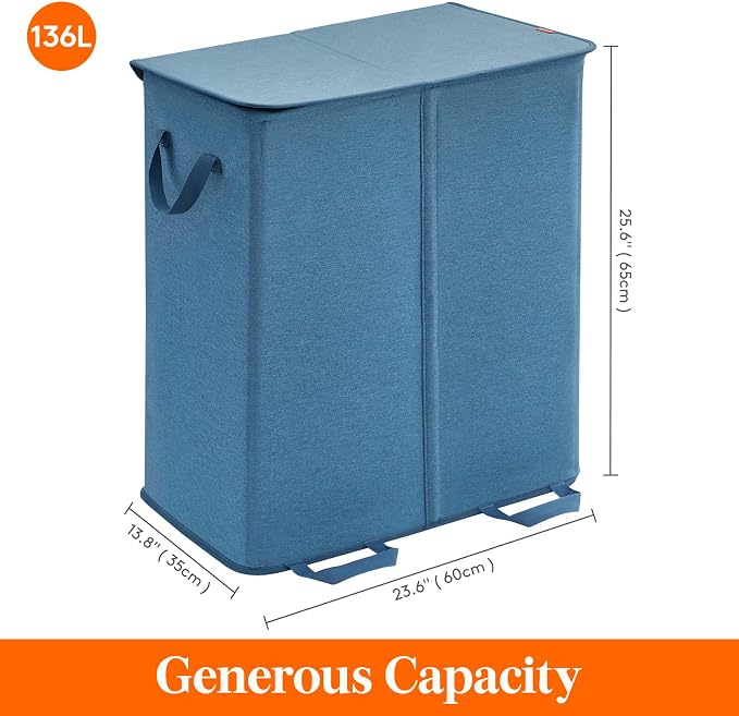 Lifewit Double Laundry Hamper with Lid and Removable Laundry Bags, Large Collapsible 2 Dividers Dirty Clothes Basket with Handles for Bedroom Laundry Room Closet Bathroom College, 136L Blue - Image 6