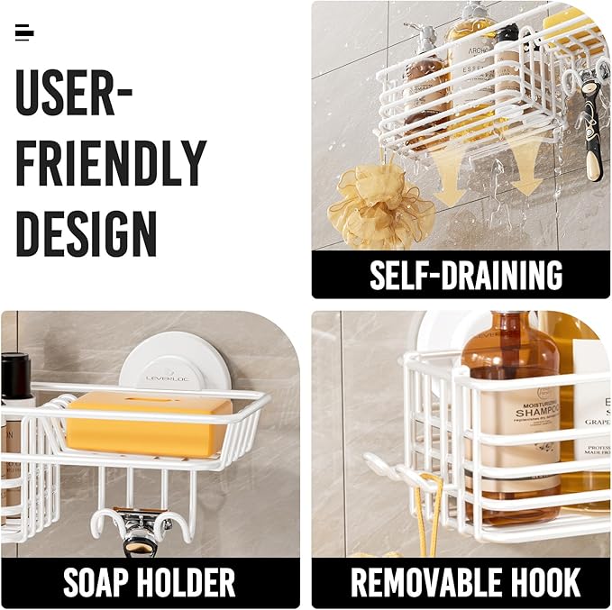 LEVERLOC Shower Caddy Suction Cup, 2 Pack Shelves for Inside with Hooks and Soap Holder, NO-Drilling Bathroom Organizer, Rustproof Meatl Bathroom Holder, White - Image 4