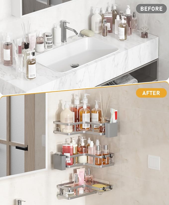 3 Pack Corner Shower Caddy Organizer, Rustproof Corner Shower Shelves, No Drilling Bathroom Corner Shelf with Hooks and Toothpaste Holder - Image 5