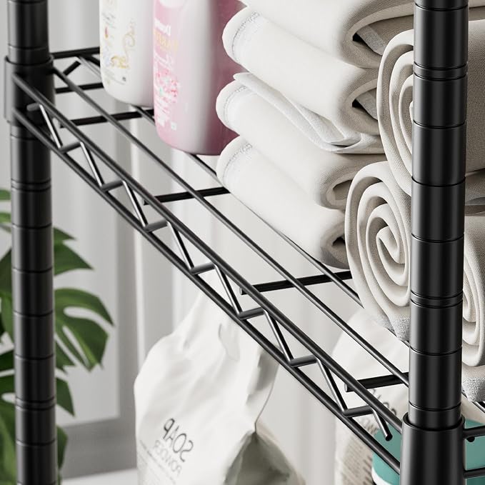 SINGAYE 5 Shelf Storage Wire Shelves Closet Bathroom Organizers Metal Pantry Kitchen Garage Shelving Unit Laundry Room Organization Home Narrow Rack Net Basket with Wheels Black - Image 6