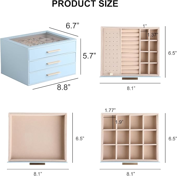 Frebeauty Clear Lid Jewelry Box,3-Layer Jewelry Organizer with Drawer,PU Leather Jewelry Organizers and Storage,Jewelry Boxes for Women,Jewelry Storage for Rings Earring Stud,Gift for Women(Sky Blue) - Image 3