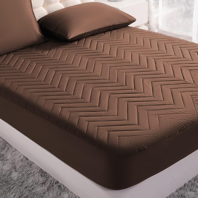 1 Pack Waterproof Mattress Protector, Quilted Mattress Pad with 15 Inch Deep Pocket, Soft Breathable Microfiber Surface, Machine Washable Bed Mattress Cover, Brown