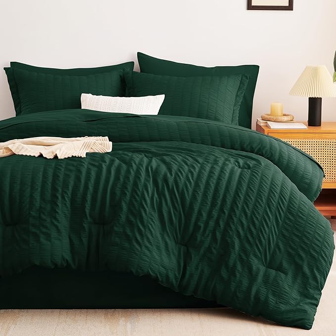 CozyLux Queen Comforter Set Emerald Green Seersucker 7 Pieces Bed in a Bag Queen Comforter Set with Sheets, Luxury Bedding Sets with Down Alternative Comforter, Sheets, Pillowcases & Shams All Seasons