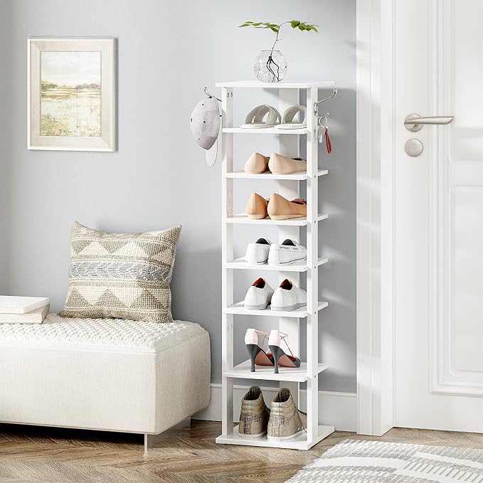 HOOBRO 8 Tiers Vertical Shoe Rack, Wooden Shoe Storage Organizer with Hooks, Narrow Shoe Tower for 8 Pairs, Space Saving, for Entryway, Living Room, Bedroom, White WT07XJ01G1 - Image 2