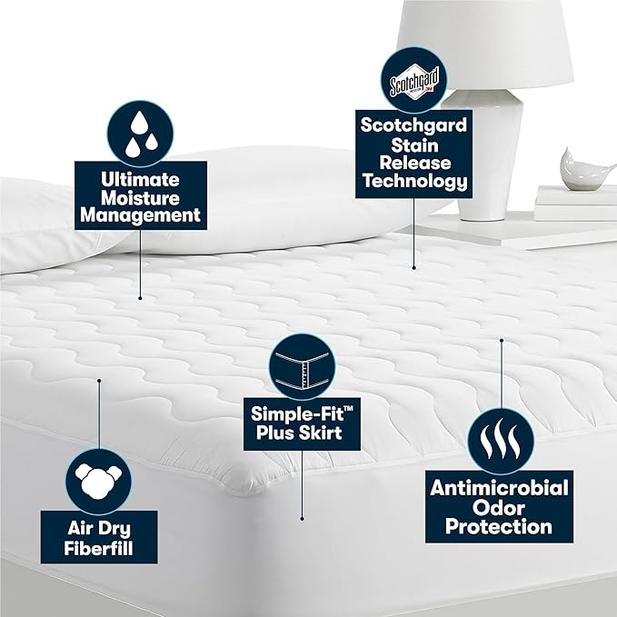 Serta Air Dry Basic Comfort Performance Fabric Quilted Mattress Pad, Cooling and Breathable Mattress Cover, Moisture Wicking Protection with 15" Deep Pocket, California King, White
