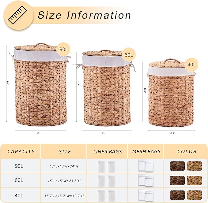 Round Water Hyacinth Laundry Hamper with Lid Handwoven Wicker Basket with Handles for Dirty Clothes, Storage, and Organization Ideal for Bedroom, Bathroom, and Laundry Room, No Assembly Required, 90L - Image 3