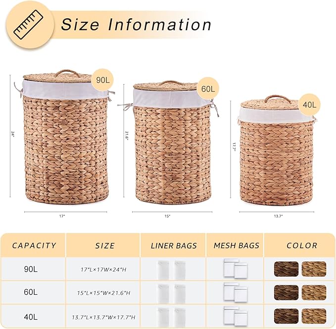 Round Water Hyacinth Laundry Hamper with Lid Handwoven Wicker Basket with Handles for Dirty Clothes, Storage, and Organization, No Assembly Required, 40L - Image 3