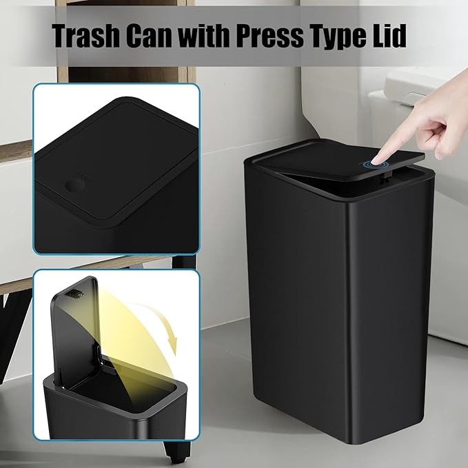 TIPGO Bathroom Trash Can with Lid, 10 Liter/ 2.6 Gallon Slim Garbage Can, Small Trash Bin Waste Basket with Pop-Up Lid for Kitchen, Bedroom, Living Room, Office (Black) - Image 5