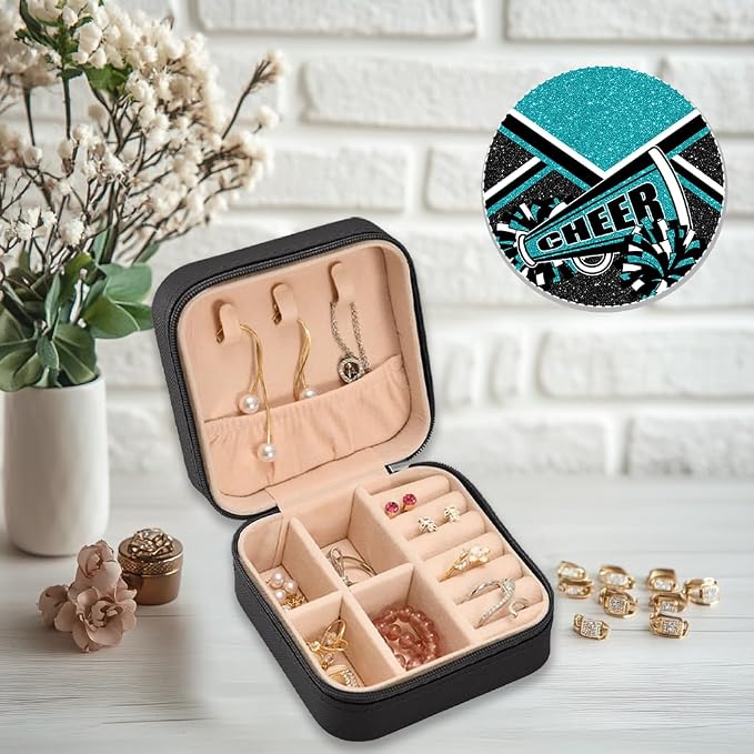 Cheerleader Travel Jewelry Case, Cheer Travel Jewelry Box for Women, Mini Jewelry Travel Case for Cheer Team, Cheerleader Gifts for Girls (Teal) - Image 3