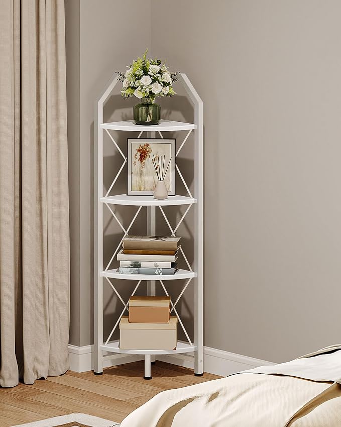 CHOEZON 4-Tier Corner Shelf, Industrial Corner Bookshelf, 47.6" Corner Storage Stand, Plant Stand Display Shelf, Corner Bookcase for Bedroom, Living Room, Home Office, White TCJ09WB by Choezon
