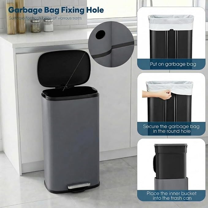 8 Gal Kitchen Trash Can, 30L Recycling or Garbage Bin, Brushed Stainless Steel Waste Basket, Soft&Quiet Close Dustbin, with Step-On Pedal, Removable Inner Bucket, for Home, Office, Living Room - Image 6
