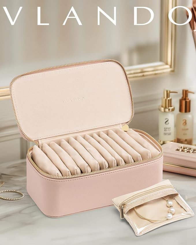 Vlando Jewelry Travel Case,Travel Jewelry Organizer with Clear Velvet Jewelry Bags 12Pcs Zipper Pouch for Women Wedding Gifts for Friends Sister-Khaki - Image 5