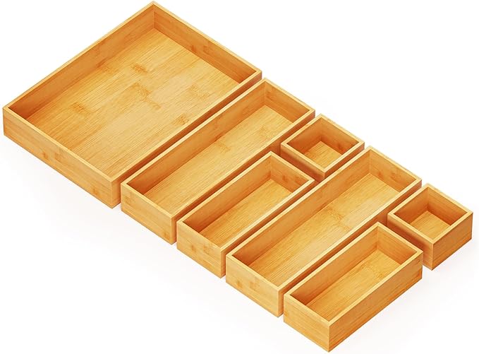SpaceAid 7-Piece Bamboo Drawer Organizer Storage Boxes Set, Wood Tray Junk Drawer Organizers Multi-Use Divider Bins for Kitchen, Bathroom, Office Desk and Makeup Organization (7 Pack, Natural) by SpaceAid