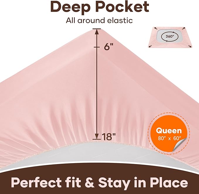 OhGeni 100% Waterproof Mattress Protector, Queen Size Pink, Fitted Sheet with Deep Pockets, 6''-18'', Premium Noiseless Breathable Soft Material, Mattresses Cover for Bed