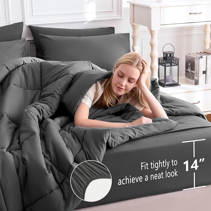 CozyLux King Size Comforter Set Dark Grey, 7 Pieces Bed in a Bag, Dark Grey Comforter King Size, All Season Bedding Sets with Stitch Quilted Comforter, Flat Sheet, Fitted Sheet, Pillowcases