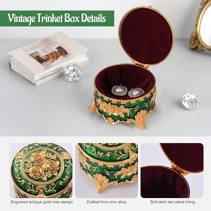 Vintage Jewelry Box, Gold Round Treasure Ring Box, Metal Trinket Organizer Keepsake Box Gift for Girl Women, Green - Image 6