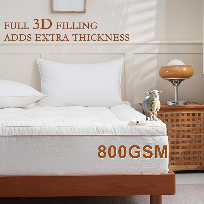YOUR MOON 100% Organic Wool Mattress Topper Twin Size, Thick Pillow Top Mattress Pad, 800GSM Natural Wool Filling, Back Pain Relief Bed Topper with Cotton Cover-16'' Depth, 39"x75" (Striped White)