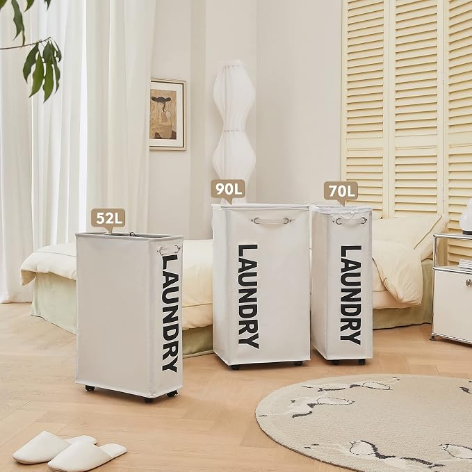 DOKEHOM 29-Inches Enlarged Slim Laundry Basket with Removable Wash Bag on Wheels, Collapsible Rolling Laundry Hamper, Foldable Narrow Corner Clothes Storage Bins (Beige) - Image 9