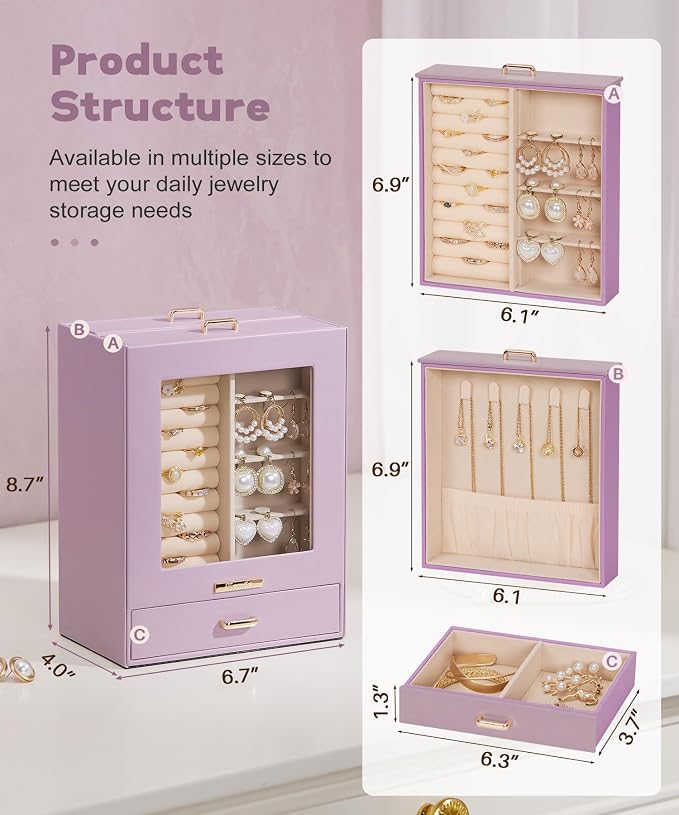 Homde Jewelry Organizer Girls Women Jewelry Box for Necklaces Rings Earrings Gift Bracelets Storage Case (Grey Purple + Gold) - Image 3