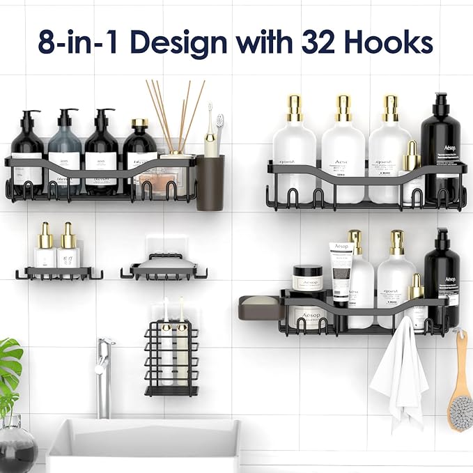 NESOMI Shower Caddy Adhesive Shower Organizer 8-Pack, Rustproof Stainless Steel Bathroom Shelves, Large Capacity No-Drill Rack Storage Accessories with Soap Dish Toothbrush Holder Hooks - Image 4