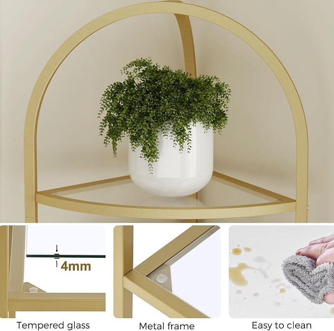 Homhedy 6-Tier Corner Shelf Stand, Metal Corner Bookshelf, Tempered Glass Shelves, Bathroom Storage Rack Shelf, Plant Stand, Modern Style, Golden - Image 6