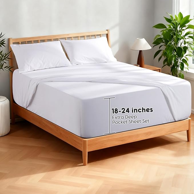 SONORO KATE 100% French Pure Linen Sheets, Extra Deep Pocket up to 18"-24", Breathable and Durable Linen Sheets, Anti-Tear Linen Bed Sheets, Machine Washable - 4 Piece (White, King(24" deep))