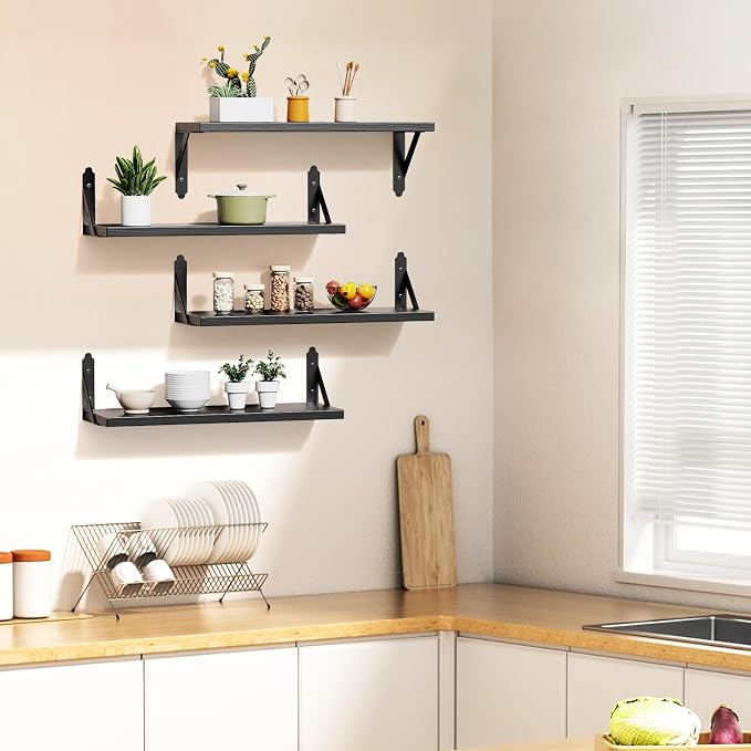 ROMGUAR CRAFT Wood Floating Shelves Set of 4, Rustic Storage Decor Wall Shelves, Wall Mounted Shelf for Living Room, Bedroom 17" x 6", Black - Image 6