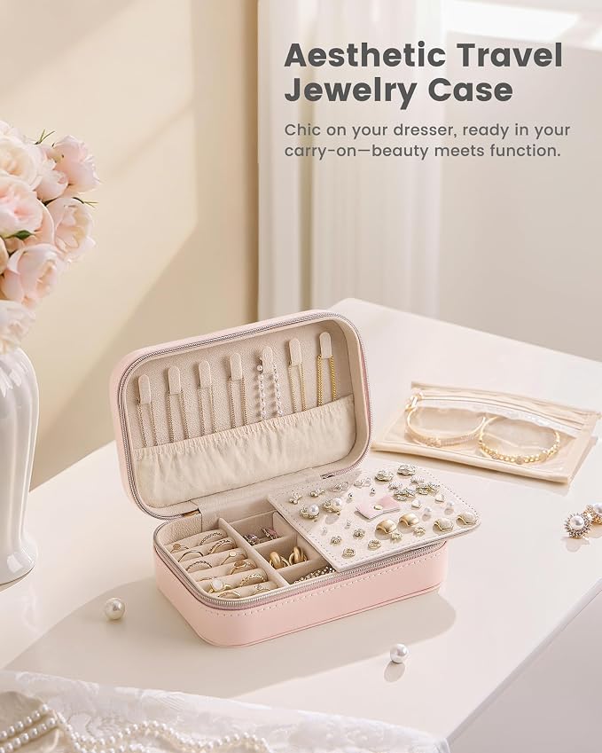 Lolalet Travel Jewelry Case for Women Girls, PU Leather Jewelry Organizer with Clear Storage Bag Small Portable Jewelry Box for Necklace Bracelet Earring Ring Mothers Day Birthday Gifts -Medium/Pink - Image 6