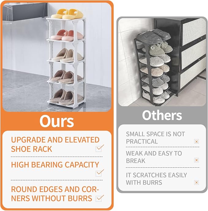 5 Tiers Shoe Rack Organizer for Closet Shoe Holder Storage Narrow Plastic Vertical, Free Standing Shoe Rack Shelf for Entryway Stackable Stability DIY, Grey - Image 4