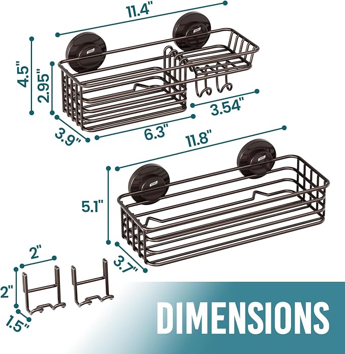 TAILI Shower Caddy Suction Cup 2 Pack with Hooks & Soap Holder, No Drilling Bathroom Organizer with Large Capacity, Heavy Duty Shower Organizer for Bathroom,Metal Storage Basket-Brown - Image 2
