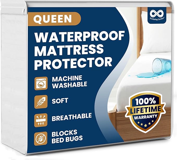 Everlasting Comfort Premium Queen Size Mattress Protector - Waterproof & Hypoallergenic, Noiseless Design, Washable Cover, 18" Deep Pocket, Bed Bug & Dust Mite Proof Cover for Sleep Hygiene