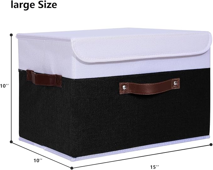 ANMINY 4PCS Storage Boxes with Lid Washable Decorative Storage Bins Basket with PU Leather Handle Foldable Linen Fabric Storage Cubes Containers for Home Closet Organizer - Black White, Large Size - Image 5