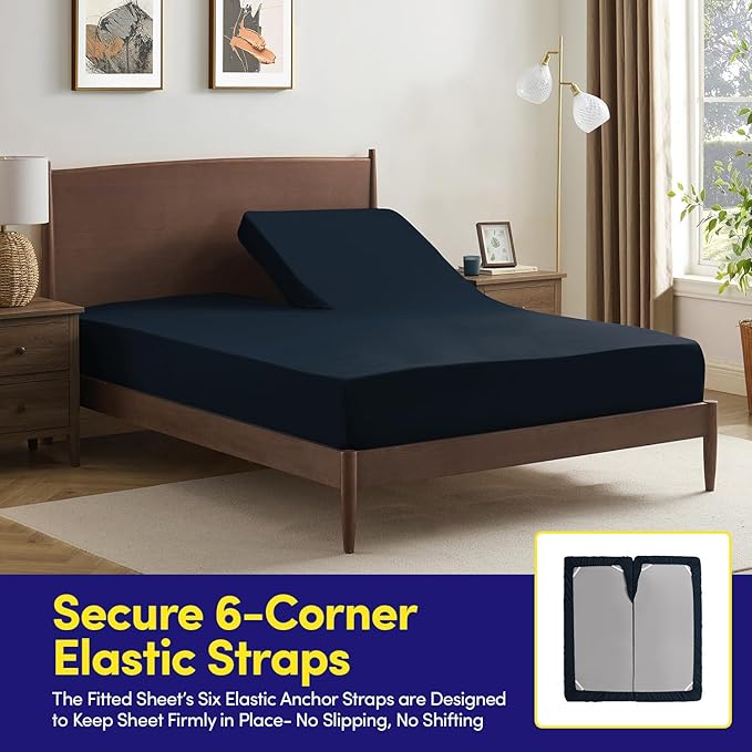 Split Head King Sheets Set for Adjustable Beds 4 Piece Flex Top Bed Sheets – Deep Pocket Split Top Fitted Sheet with Built-in Corner Straps, Luxury Soft Cooling Bedding, Wrinkle Resistant, Navy