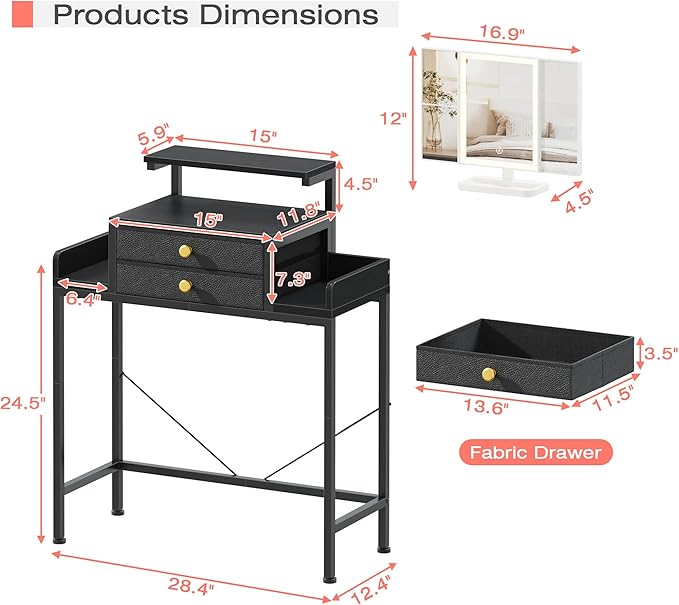 HIGDBFE Vanity Desk with Mirror and Lights, 28.4''W Small Makeup Vanity Table with Height-Adjustable Stand, 2 Fabric Drawers Compact Makeup Desk, Gift for Girls, Bedroom Small Space, Black