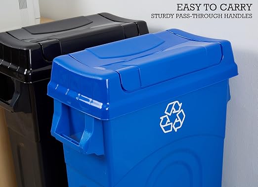 United Solutions 23 Gallon Highboy Plastic Recycling Bin Kitchen Trash Can with Lid, Pass Through Handles, and Dustpan Edge, Blue - Image 6