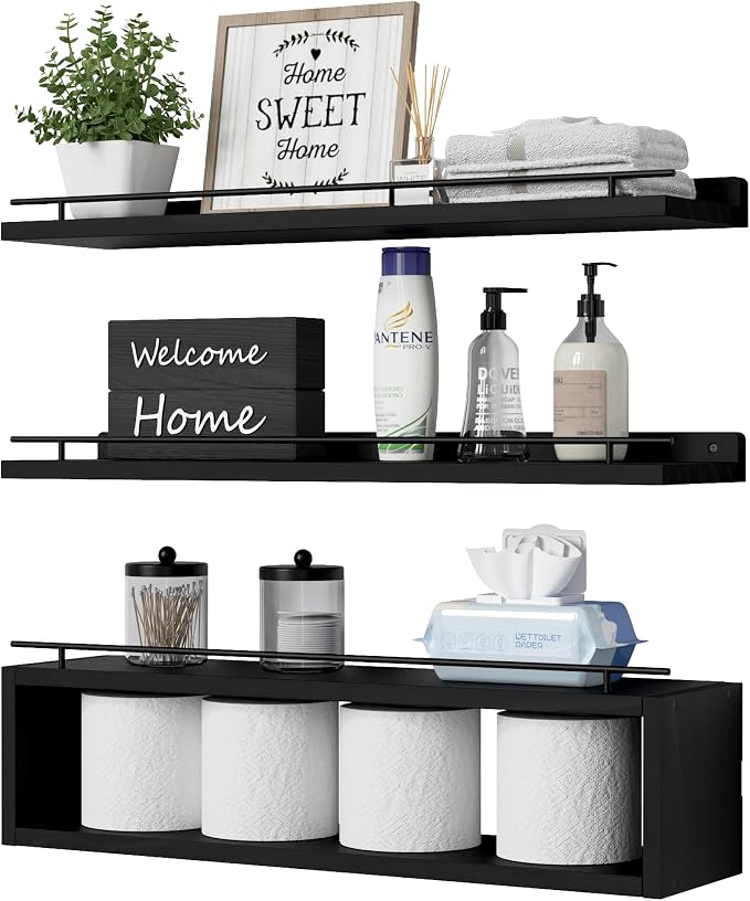 WOPITUES Floating Shelves for Wall 24 inch with Cube Shelf, Wall Shelves with Metal Rail for Decor, Bathroom Organizers and Storage, Over Toilet Shelves for Bathroom, Toilet Paper-Black by WOPITUESOfficial