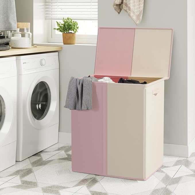 WOWLIVE Double Laundry Baseket with Lid and Removable Laundry Bags,154L Large Laundry Hamper 2 Section Collapsible Dirty Clothes Hamper for Laundry Room,College Dorm,Bathroom,Pink and Beige - Image 2