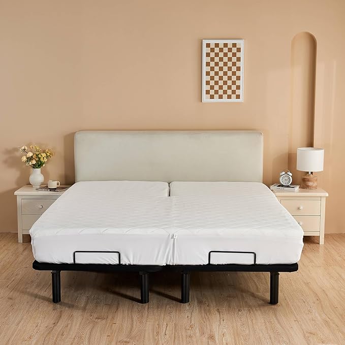 Kingnex Cotton Waterproof Split Top King Mattress Protector for Ajdustable Bed with Upper Flex 32-34 from Head Soft Micorfiber Padded Fitted Quilted Mattress Topper Pad