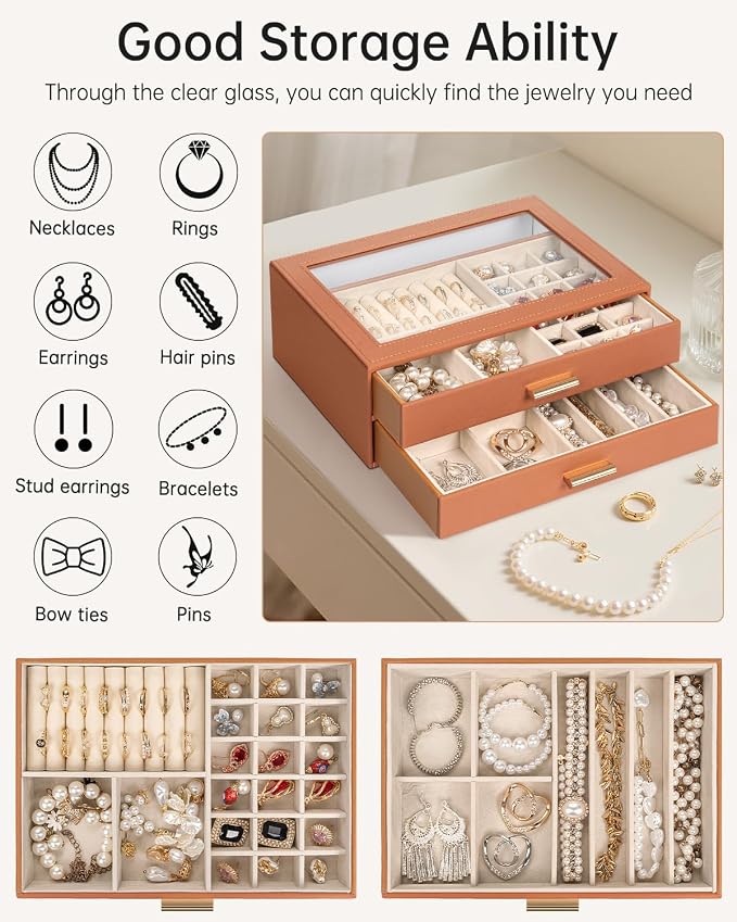 AKOZLIN Jewelry Box with Clear Lid Functional Leather Jewelry Storage Organizer Case 2 Drawers for Women Girls Necklace Ring Bracelet Earring - Image 3