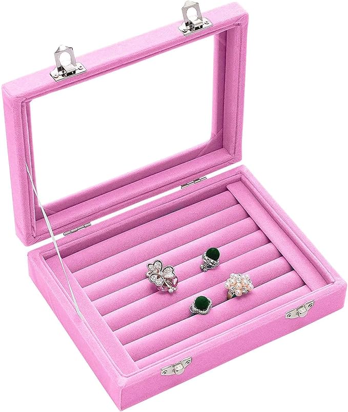 Jewelry Box Rings Organizer Tray 7 Slots Velvet Earring Storage Box With Transparent Lid Jewelry Display Case for Women (Light Pink) - Image 6