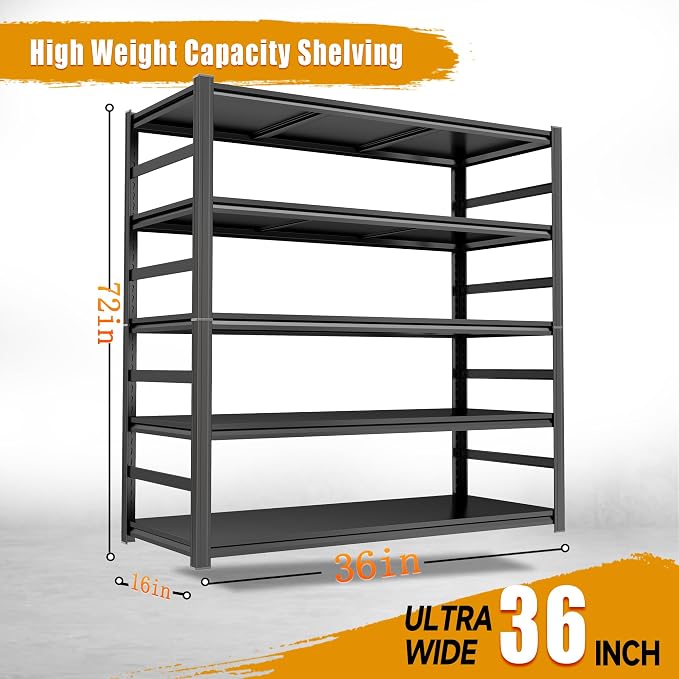 Garage Shelving,5 Tier Heavy Duty Shelving,72" H Metal Shelving Unit and Storage,3000lbs Capacity Steel Shelving,Industrial Shelves for Garage/Warehouse/Basement Black Adjustable Shelves - Image 2