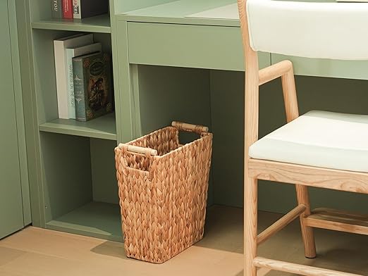 Coeusy 6 Gallon Wicker Trash Can with Wooden Handle,Wicker Waste Basket for Bathroom,Bedroom,Large Narrow Water Hyacinth Trash Basket,Rattan Boho Decor Farmhouse Bathroom Trash Can - Image 4