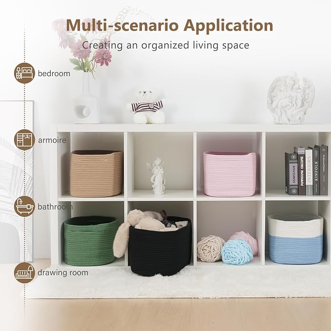ECDYQXVU Cotton Rope Storage Basket, 15x10x9 Inches, Woven Basket for Shelves, Clothes, Towels, Books, and Laundry, White Blue (1 Pack) - Image 6