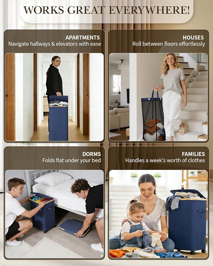 Laundry Hamper with Wheels, 110L Large Clothes Hamper with Removable Inner Bag, Collapsible Dirty Clothes Basket for Dorm, Rolling Dirty Clothes Basket for, Bedroom, Bathroom, Laundry Room - Image 8