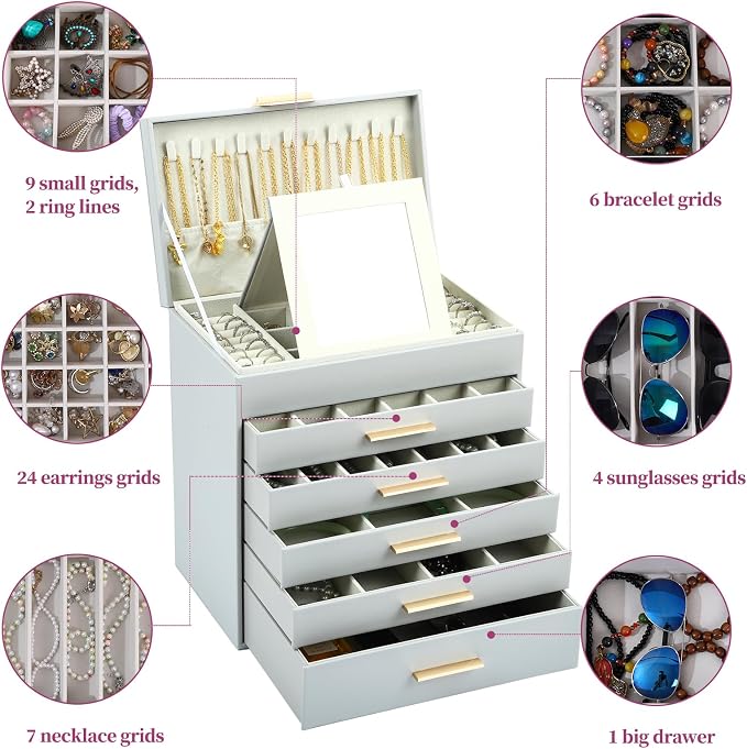 BOOVO Jewelry Boxes for Women, White and Black 6 Layer Large Jewelry Box for Necklace, Bracelet, Earrings, Rings Storage, Jewelry holder Organizer for Girls Gift (Grey and Gold, 6 layer) - Image 5